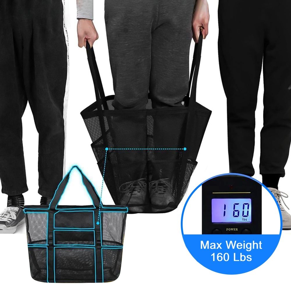 Mesh Beach Bag, Large Mesh Beach Tote Bag With 9 Pockets, Swimming Travel Tote Bag, Foldable Beach Duffle Bag, Black