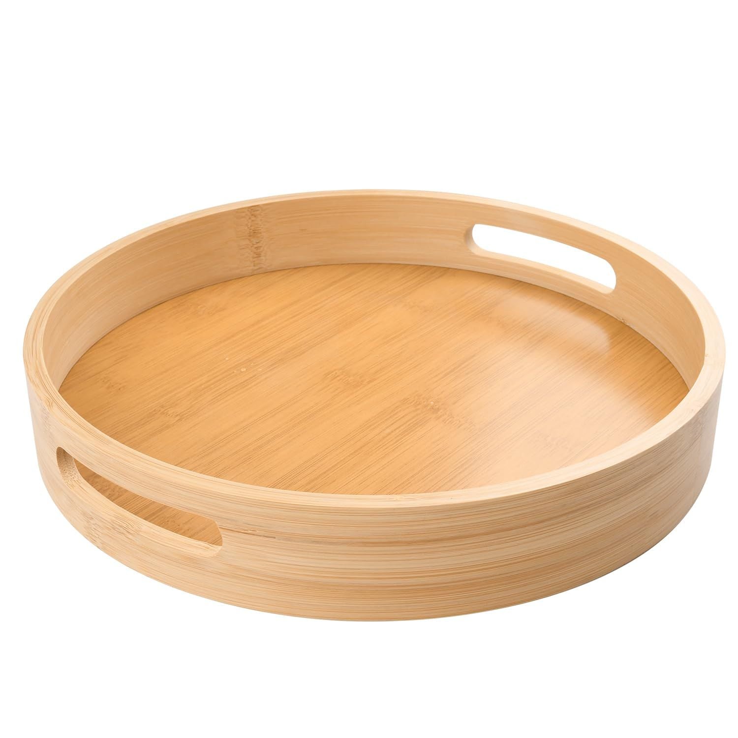 12 inch Round Serving Wooden Tray with Handles, Bamboo Decorative Tray Serving for Serving Beverages & Food on Bar Living Room Home Dining Table. Main image
