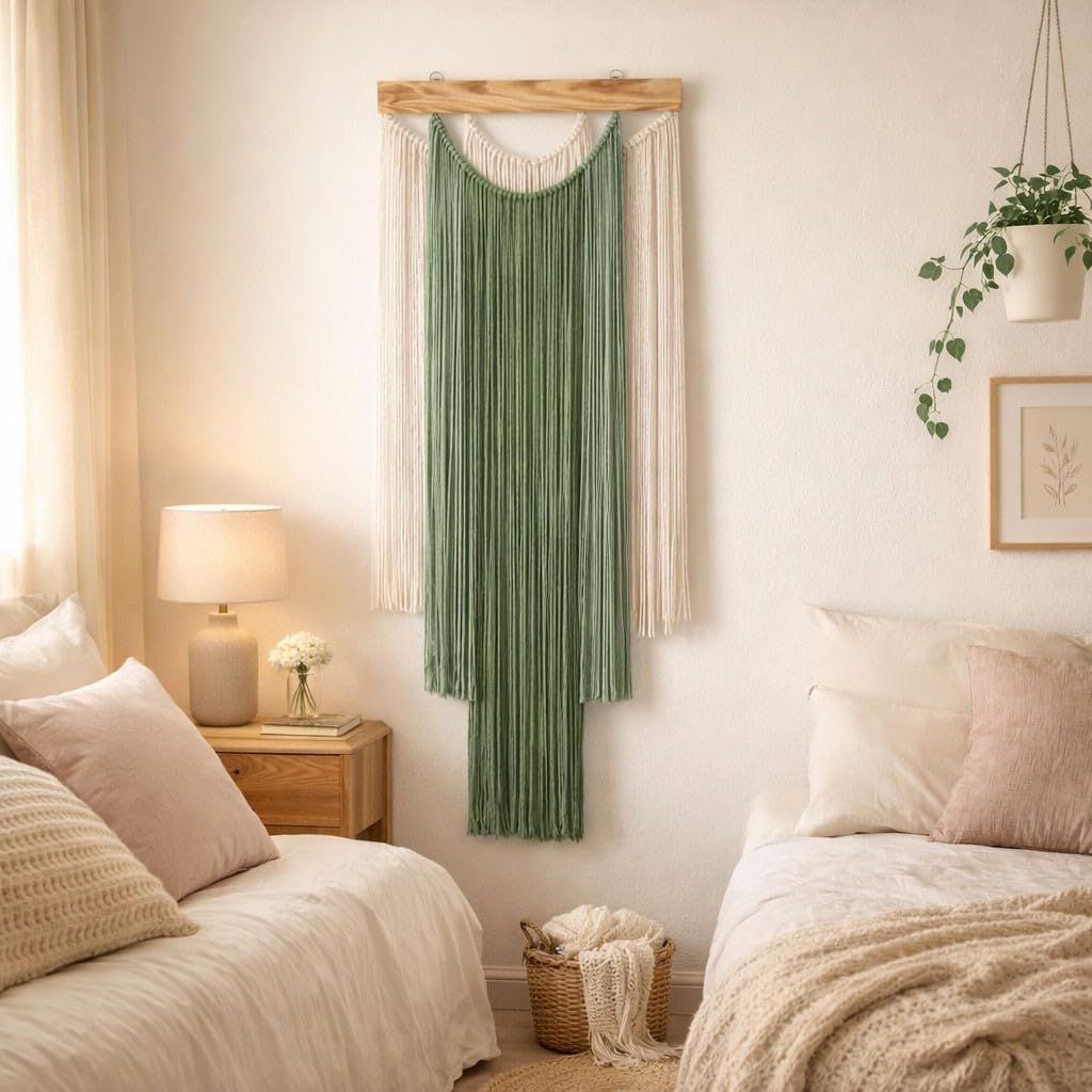 Wall Hanging Boho Wall Decor Green and Beige Yarn Wall Art for Living Room Bedroom Office Nursery Apartment Yoga Room Decor,（ Green ）