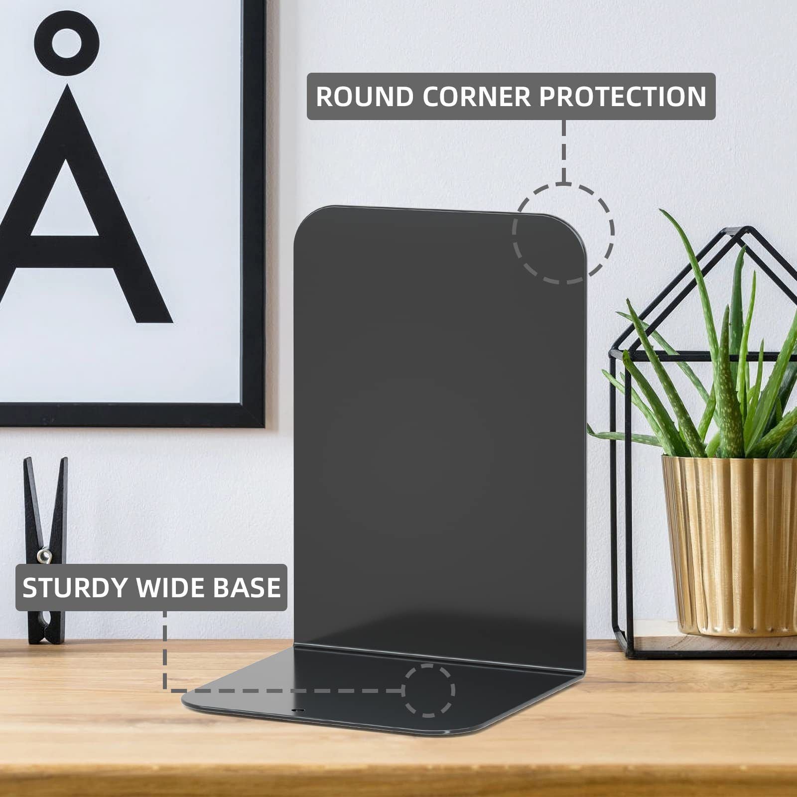 Book Ends, Bookends for Shelves, Home, Office, Metal Book Stopper for Books, Metal Bookend Supports, Modern Minimalist Style Decorative Bookend, Black (1 Pair/2pcs)