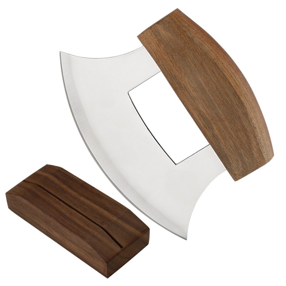 Pizza Cutter 5.1 Inch Chef Knife Handle Wood Grip Sharp Rocker Slicer Stainless Steel Blade Salad Onion Vegetable Chopper with Holder Base Gifts Main image