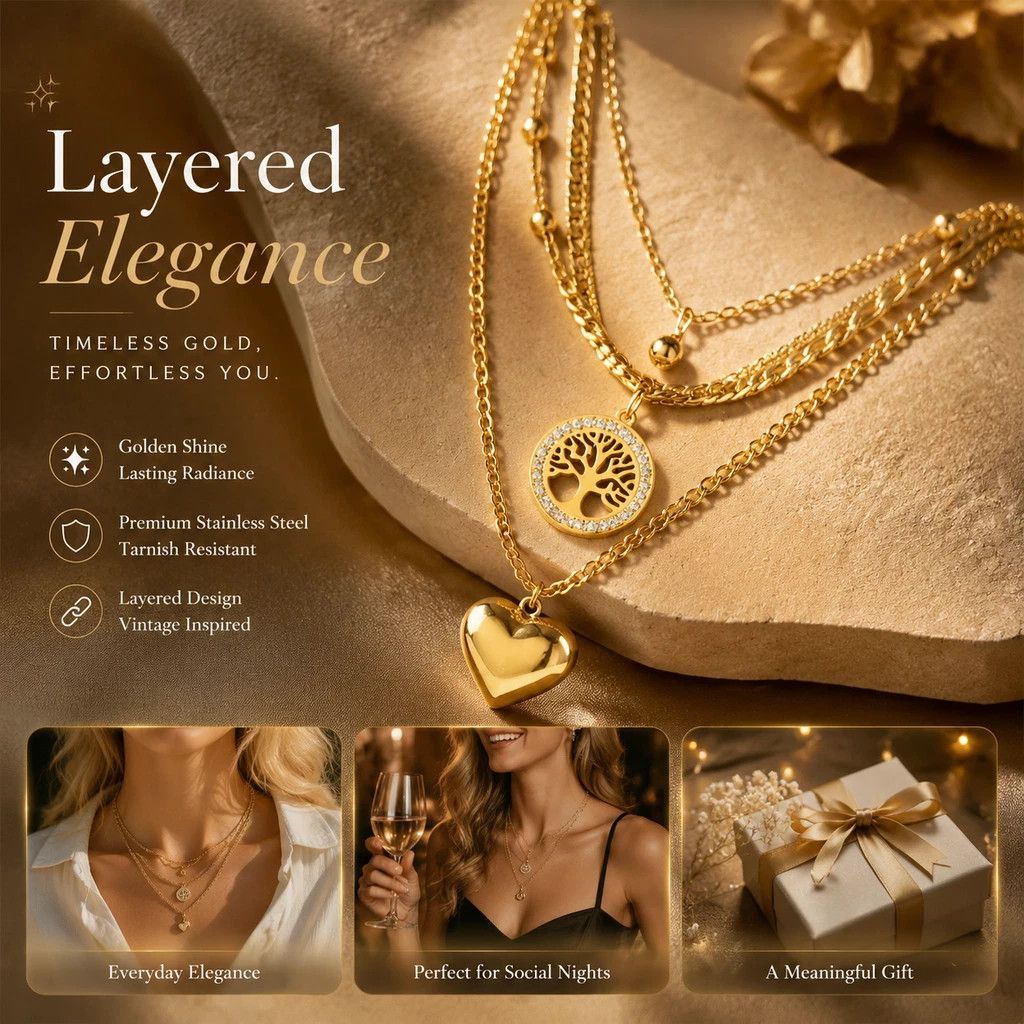 Elegant Vintage Layered Double Chain Necklace, Minimal Luxury Dainty Gold Plated Stainless Steel Jewellery