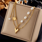Trendy Retro Double Tier Necklace, Muted Luxury Gold Coated Stainless Steel Versatile Jewellery