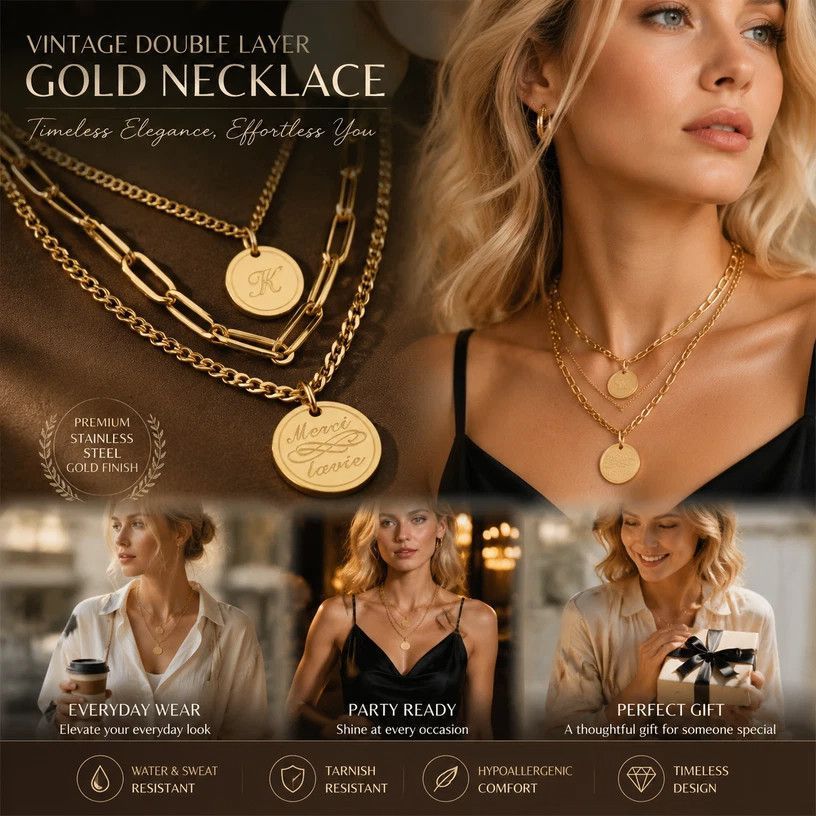 Sophisticated Retro Dual Chain Stack Necklace, Quiet Luxury Gold Dipped Stainless Steel Ladies Neck Jewellery Hauptbild