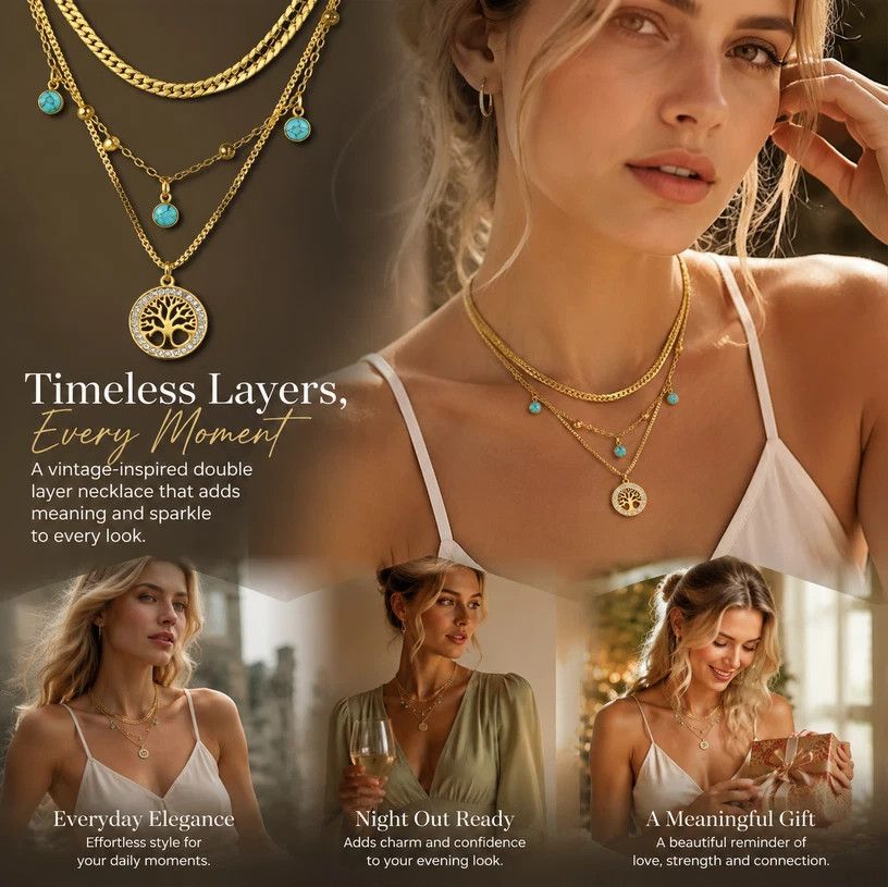 Glam Vintage Double Tier Layer Necklace, Unique Minimal Gold Plated Stainless Steel Occasion Jewellery Main image