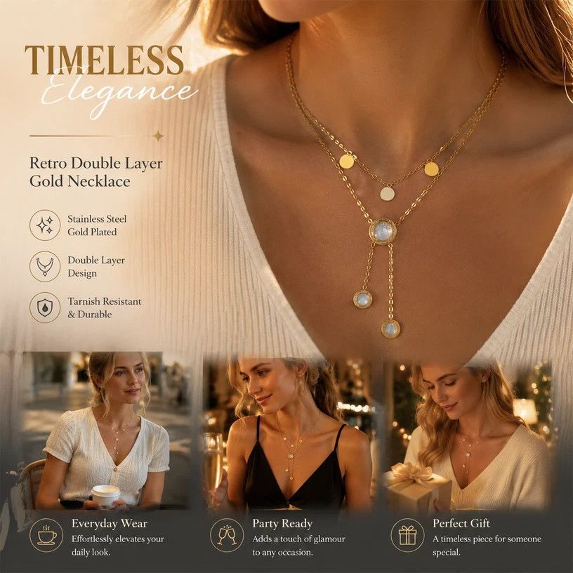 Neat Retro Dual Layer Chain Necklace, Simple Quiet Luxury Gold Coated Stainless Steel Matching Jewellery Hauptbild