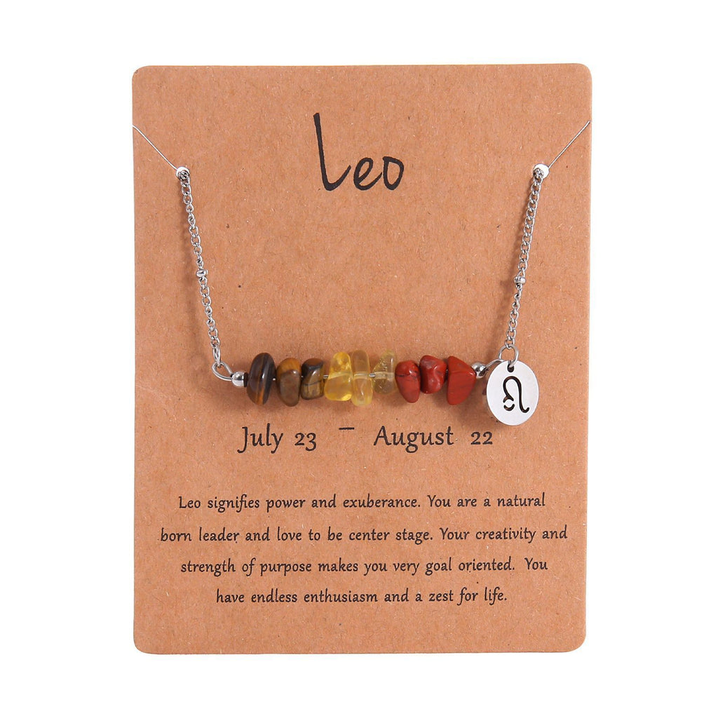 Zodiac Chip Natural Stone Pendant Necklace,Stainless Steel Crystal Jewellery,Leo Sign Necklace for Christmas Halloween Costume & Holiday Present