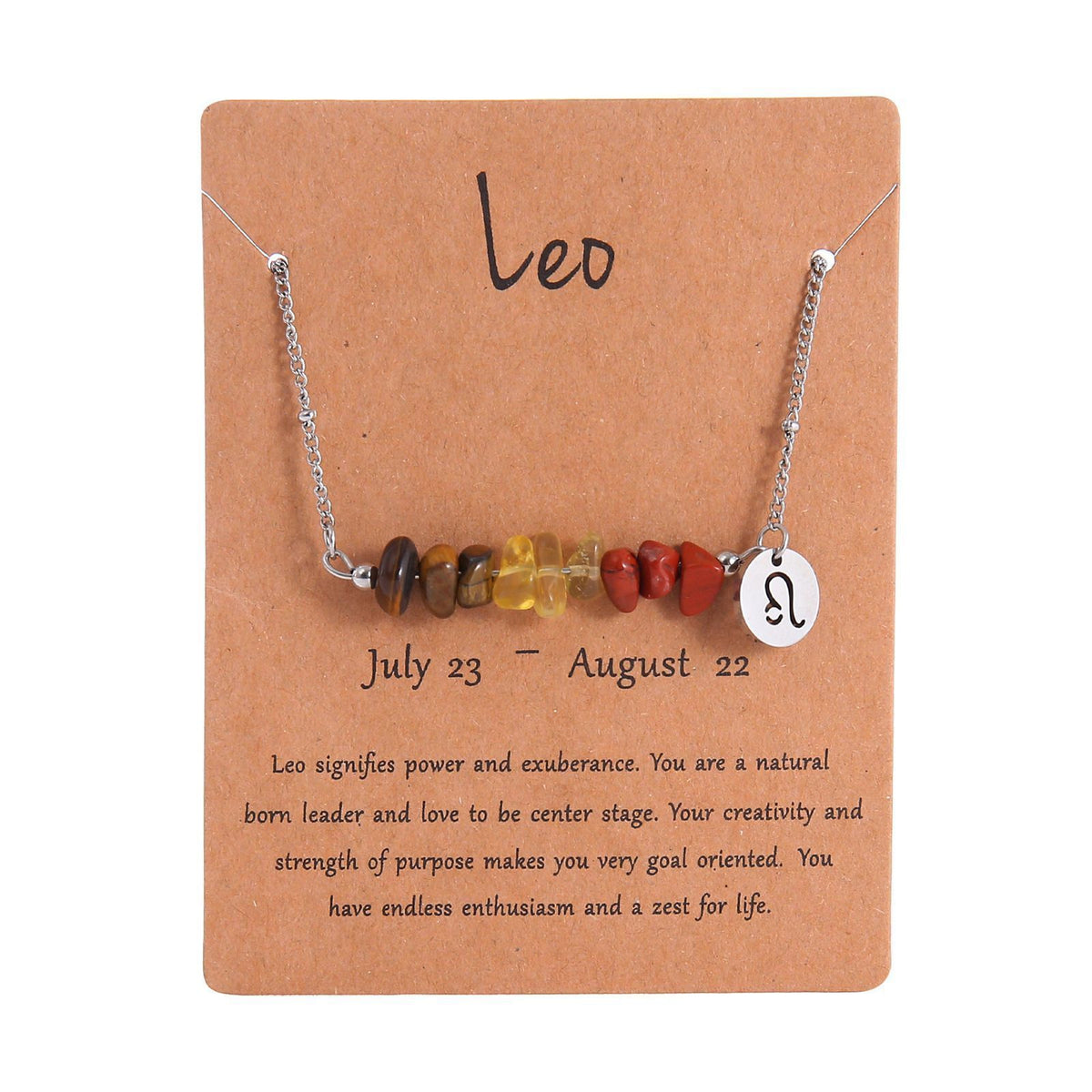 Zodiac Chip Natural Stone Pendant Necklace,Stainless Steel Crystal Jewellery,Leo Sign Necklace for Christmas Halloween Costume & Holiday Present