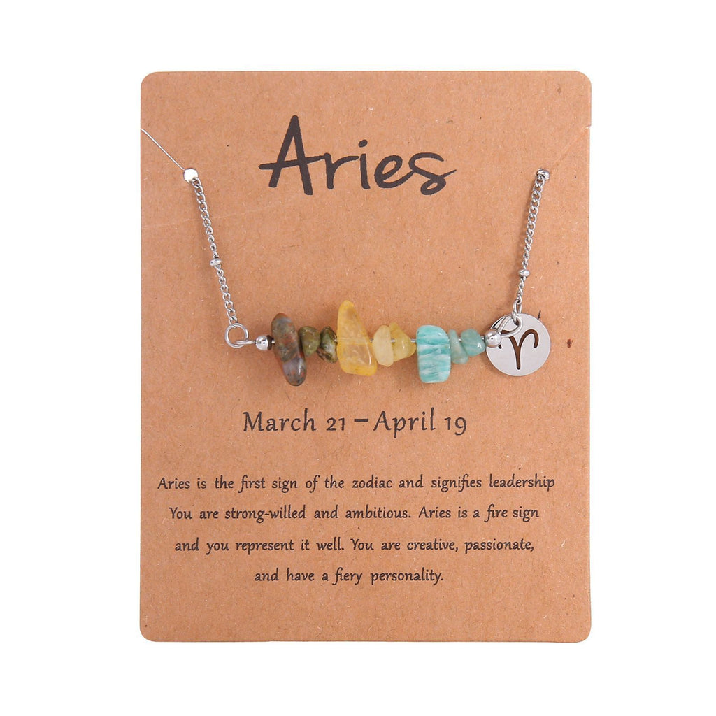 Aries Zodiac Irregular Crystal Chip Necklace,Stainless Steel Natural Stone Pendant,Fashion Constellation Jewellery for Christmas Halloween Party Favor & Gift
