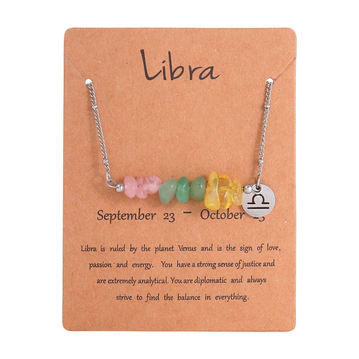 Libra Constellation Natural Chip Stone Necklace,Stainless Steel Irregular Pendant,Zodiac Sign Jewellery for Christmas Halloween Dress‑up & Daily Present