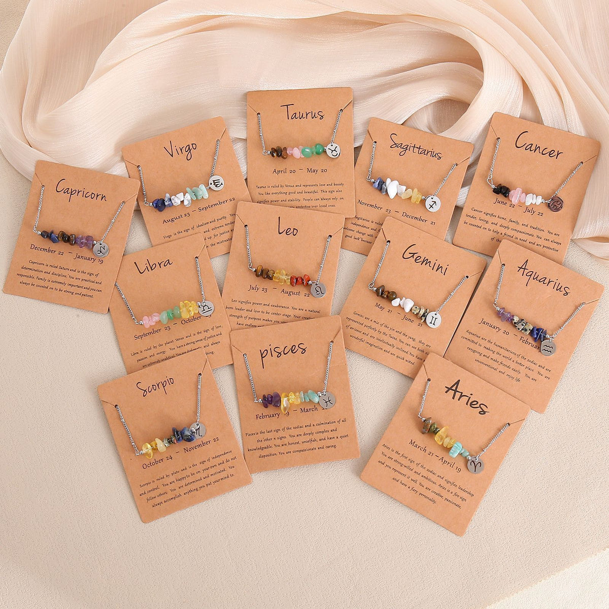 Libra Constellation Natural Chip Stone Necklace,Stainless Steel Irregular Pendant,Zodiac Sign Jewellery for Christmas Halloween Dress‑up & Daily Present