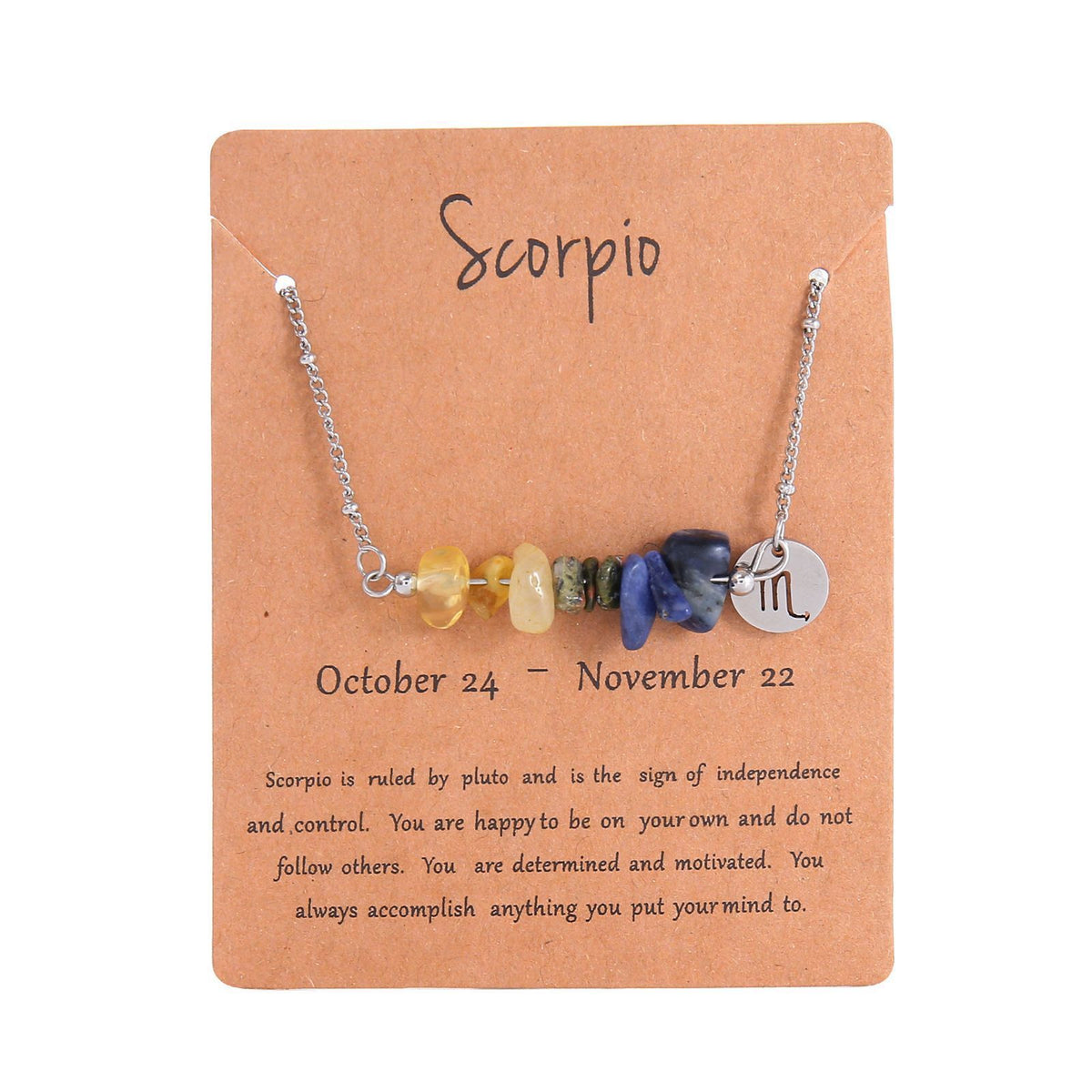 Scorpio Zodiac Irregular Natural Crystal Necklace,Stainless Steel Chip Stone Pendant,Constellation Jewellery for Christmas Halloween Costume & Gift Giving