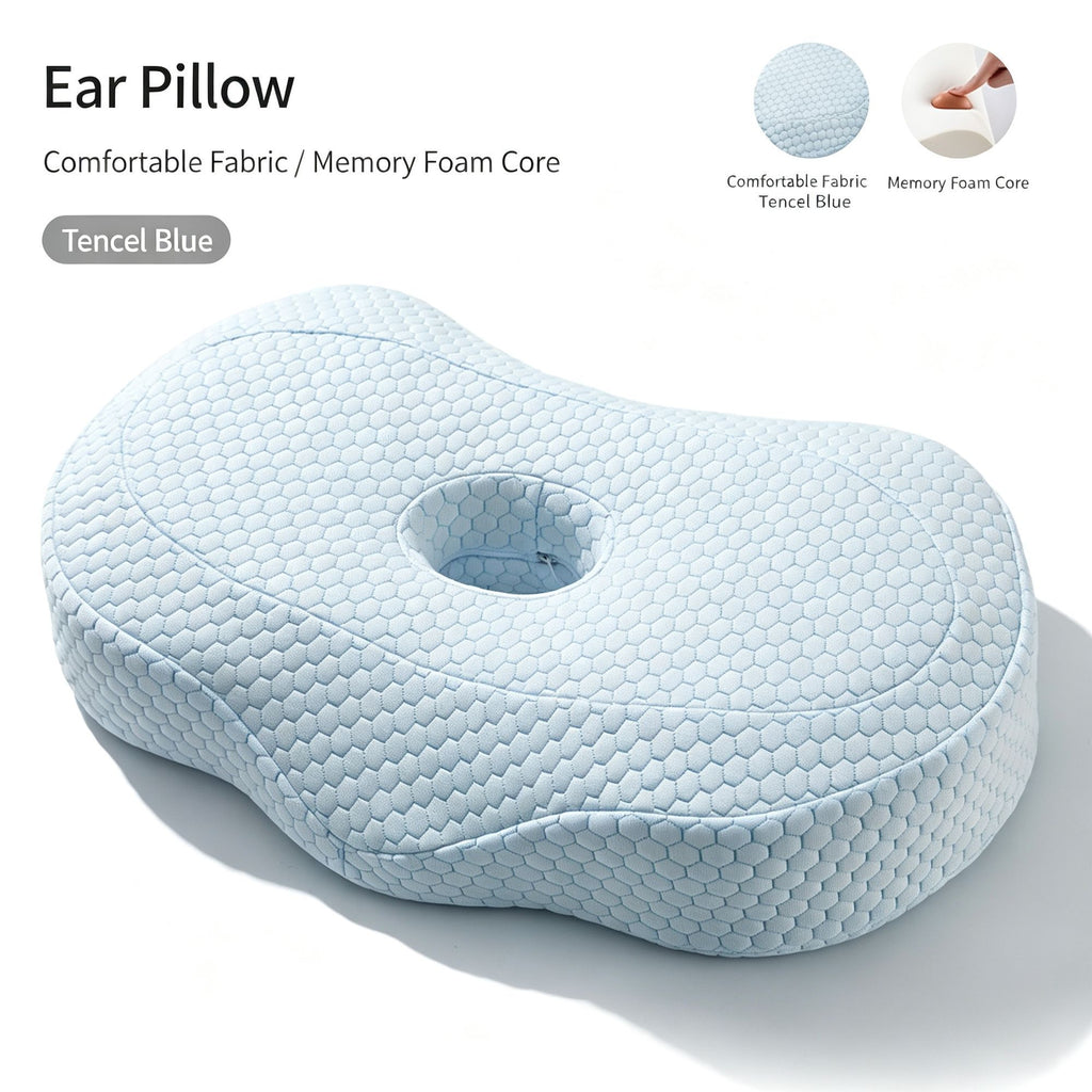 Breathable Tencel Cover Single Hole Memory Pillow, Neck Support No Compression On Ears, Comfort Sleeping Cushion For All Ages, Halloween Household Bedding Supply, Tencel Blue