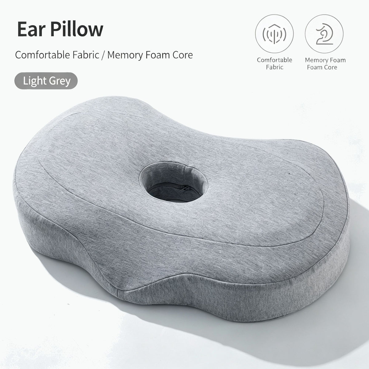 Ergonomic Single‑Hole Memory Foam Neck Pillow, Pressure‑Relief Ear Protection Design For Side Sleepers, Holiday Daily Rest Accessory, Light Grey Main image