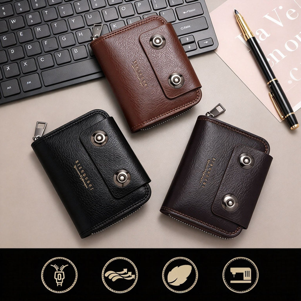 Minimalist Retro Men Card & Coin Organizer, Single Magnetic Buckle Accordion‑Slot Business Card Case, Halloween Office Daily Supply, K94‑53 Light Coffee
