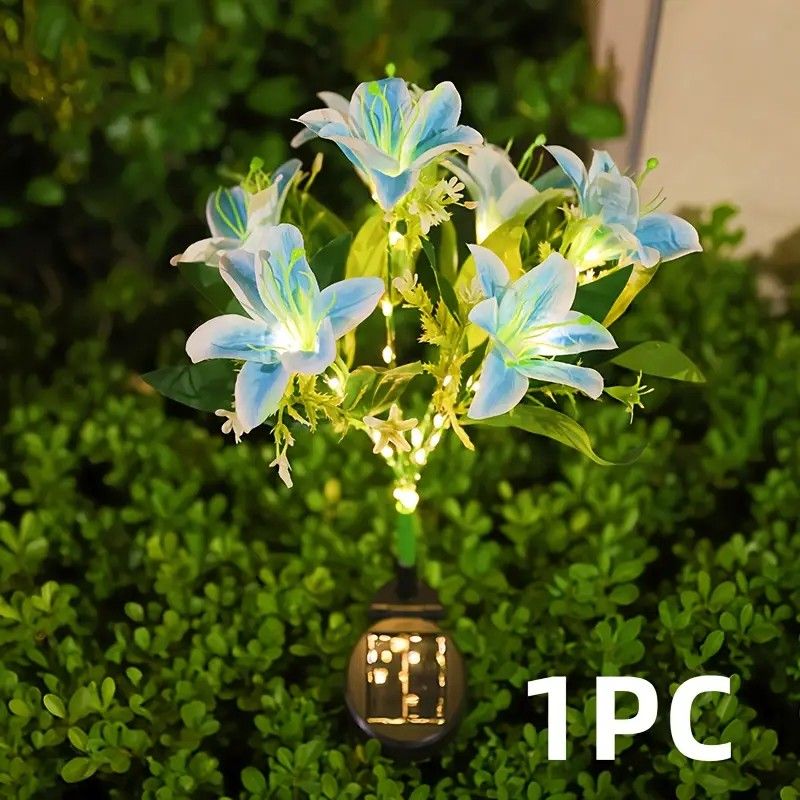 Seven Branch Solar Lily Light: Charges during the day, glows at night. Seven lilies bloom together, soft light flows like water through your garden./Light blue Main image