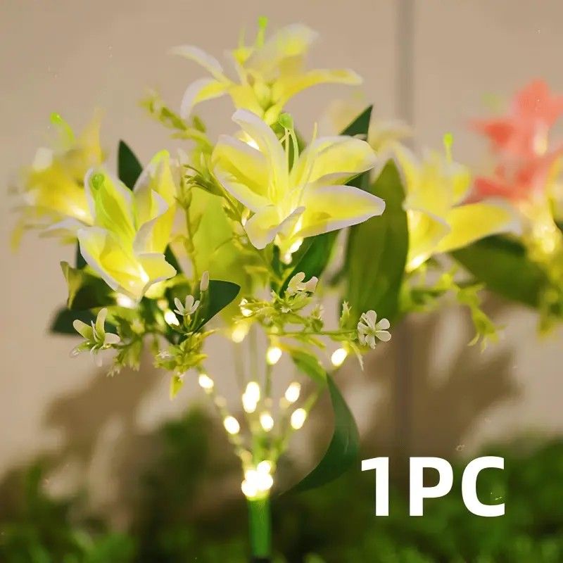 Seven Branch Solar Lily Light: Charges during the day, glows at night. Seven lilies bloom together, soft light flows like water through your garden./Light blue