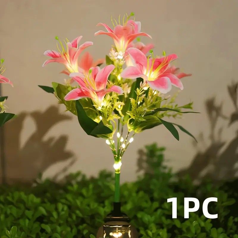 Seven Branch Solar Lily Light: Charges during the day, glows at night. Seven lilies bloom together, soft light flows like water through your garden./Light blue