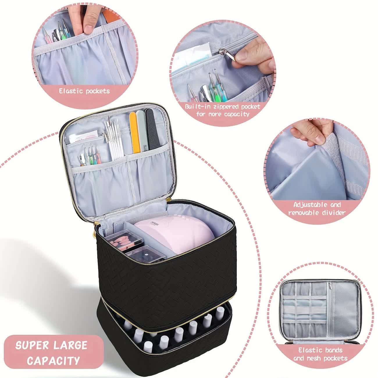 BLUE Double‑layer woven storage, scientifically organized with large capacity—Professional Nail Tool Carry‑on Bag, keeping tools perfectly ordered.