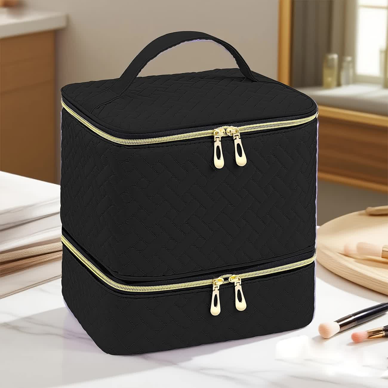 BLACK  Double‑layer woven storage, scientifically organized with large capacity—Professional Nail Tool Carry‑on Bag, keeping tools perfectly ordered.