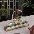 Swan Lake Double-Layer Incense Burner, Dual-Purpose Design, Deep Blue-Gold Swan, Auspicious Tea & Study Decoration