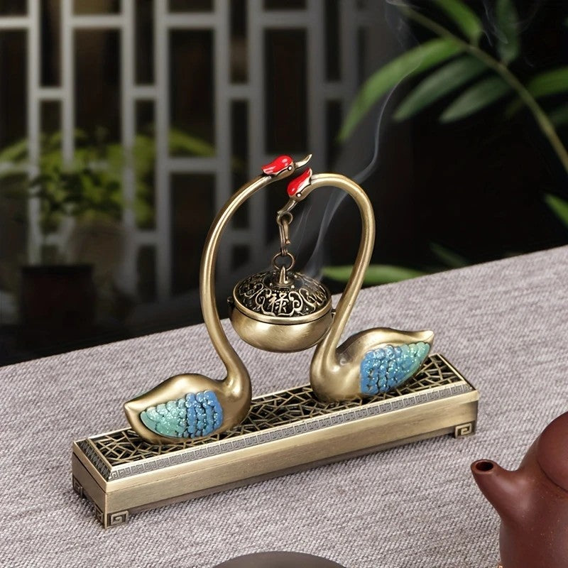 Swan Lake Double-Layer Incense Burner, Dual-Purpose Design, Deep Blue-Gold Swan, Auspicious Tea & Study Decoration