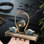 Swan Lake Double-Layer Incense Burner, Dual-Purpose Design, Deep Blue-Gold Swan, Auspicious Tea & Study Decoration