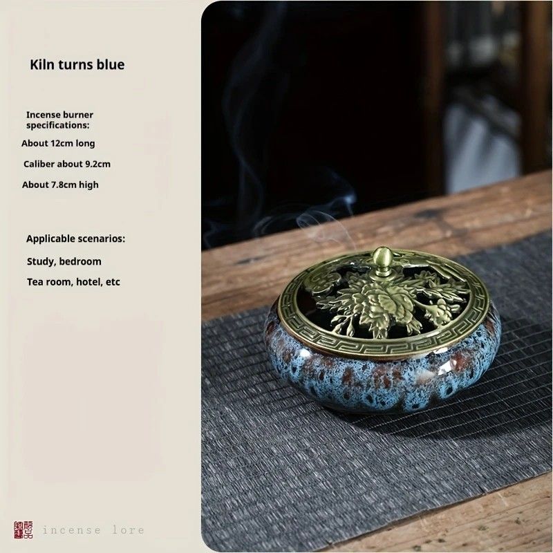 Glaze-transmutation ceramic incense burner with retro copper lid, fireproof mat, and incense coil holder. Suitable for various incense types, ideal for creative home decor and festive gifting.（Kiln turns blue） Hauptbild