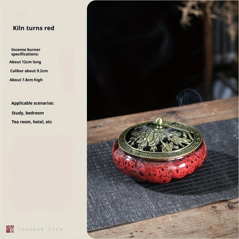 Glaze-transmutation ceramic incense burner with retro copper lid, fireproof mat, and incense coil holder. Suitable for various incense types, ideal for creative home decor and festive gifting.(Kiln turns red） Hauptbild