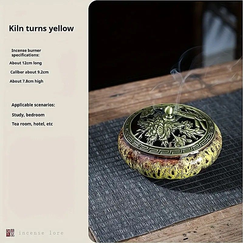 Glaze-transmutation ceramic incense burner with retro copper lid, fireproof mat, and incense coil holder. Suitable for various incense types, ideal for creative home decor and festive gifting.(Kiln yellowing） Hauptbild