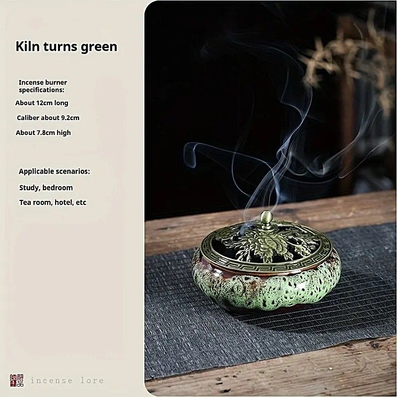Glaze-transmutation ceramic incense burner with retro copper lid, fireproof mat, and incense coil holder. Suitable for various incense types, ideal for creative home decor and festive gifting.(Kiln turns green） Hauptbild