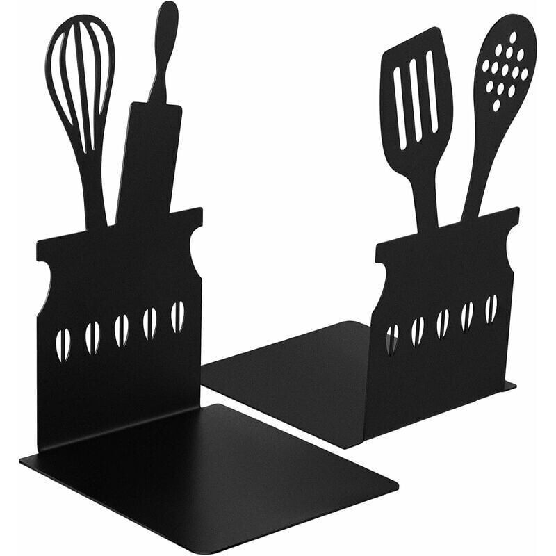 Cookbook Endcaps Black, Slip Mat Cookbook Holders Metal Cookbook Storage Metal Bookends with Anti-Decorative Cookbook Spoon