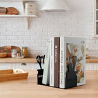 Cookbook Endcaps Black, Slip Mat Cookbook Holders Metal Cookbook Storage Metal Bookends with Anti-Decorative Cookbook Spoon