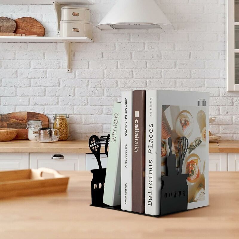 Cookbook Endcaps Black, Slip Mat Cookbook Holders Metal Cookbook Storage Metal Bookends with Anti-Decorative Cookbook Spoon