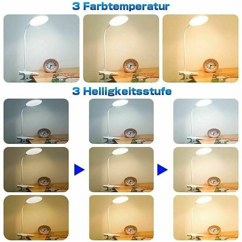 Lamp of Desk LED Wireless Rechargeable, 3 Color and 3 Intensity Adjustable Bedside Lamp USB Tactile with Clamp for Children