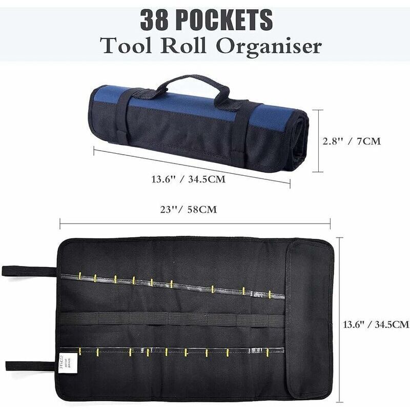Roll-up Tool Bag with 38 Pockets, Tool Storage Bag, Screwdriver Bag, Ideal for Outdoor Use, Blue