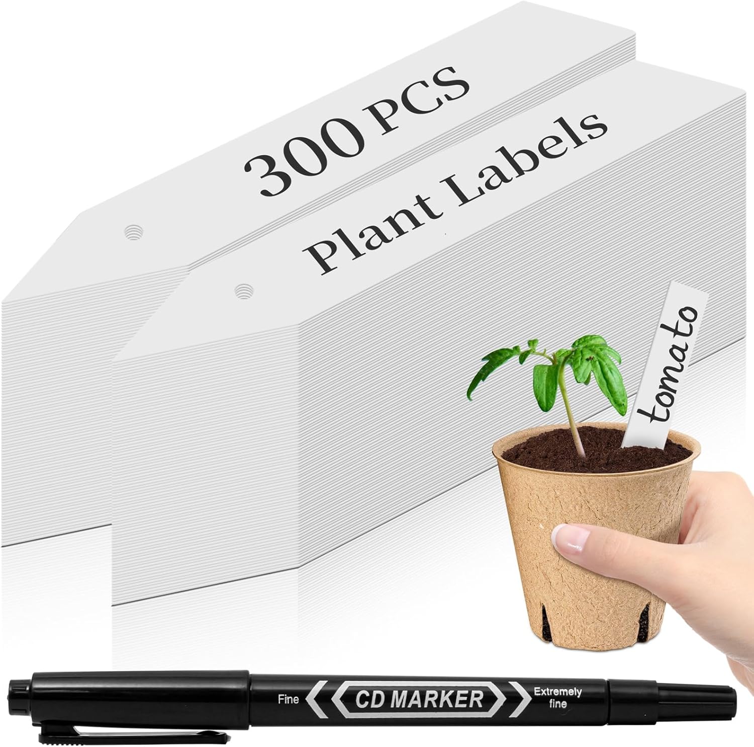 ® 300Pcs 4" Plant Labels with Marker Pen, Waterproof Plastic Plant Tags for Outdoor Seedlings Vegetable Garden Signs Markers Label Stakes (White) Main image