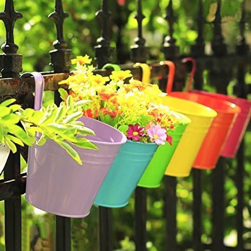 Flower Pots,10 Pcs Metal Iron Hanging Flower Plant Pots Balcony Garden Plant Planter Baskets Fence Bucket Pot 4'' Flower Holders with Detachable Hook Main image