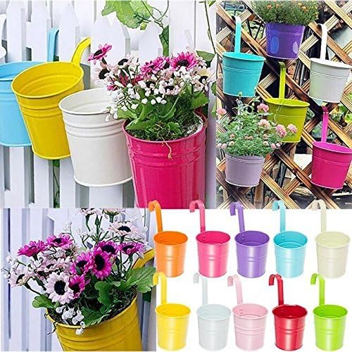 Flower Pots,10 Pcs Metal Iron Hanging Flower Plant Pots Balcony Garden Plant Planter Baskets Fence Bucket Pot 4'' Flower Holders with Detachable Hook