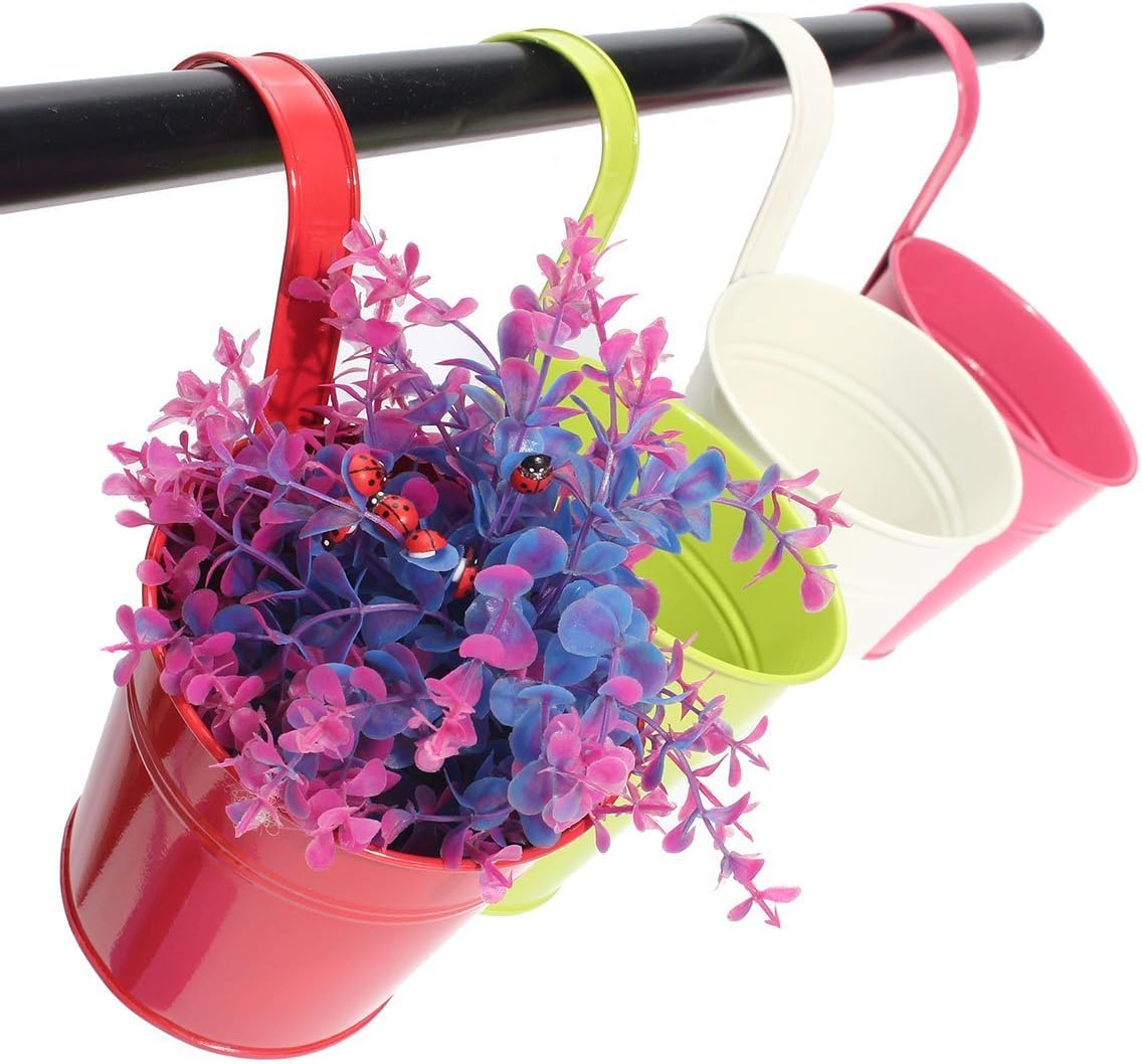 Flower Pots,10 Pcs Metal Iron Hanging Flower Plant Pots Balcony Garden Plant Planter Baskets Fence Bucket Pot 4'' Flower Holders with Detachable Hook