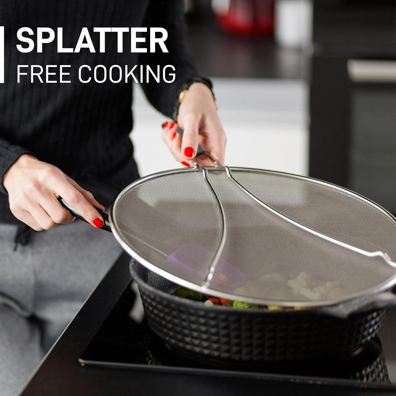 Splatter Screen for Frying Pan (13”) - Grease Splatter Guard for Frying Pan - Oil Splatter Guard - Oil Splash Guard for Frying Pan - Stainless Steel Grease Screen for Stove Top (Black)