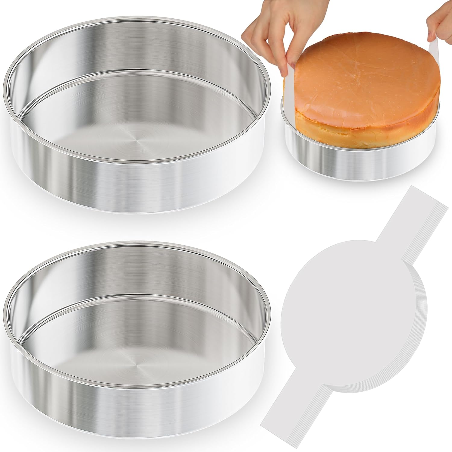8 Inch Cake Pan Set of 2, Nonstick Stainless Steel Round Layer Cake Baking Pans with 100PCS Parchment Papers, Circle Cake Pan Tins for Birthday Christmas, Non-Toxic & Healthy, Dishwasher Safe Hauptbild