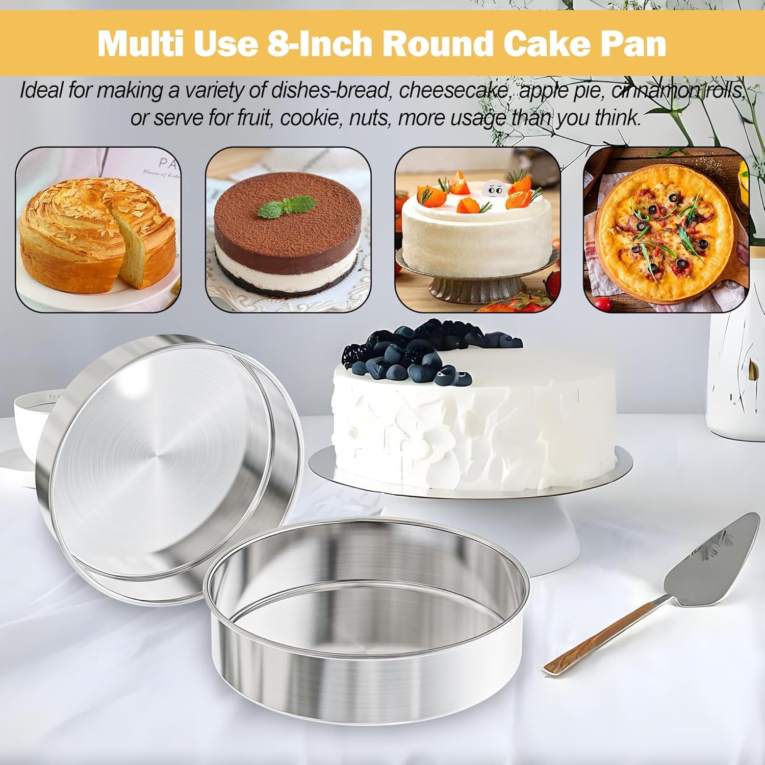 8 Inch Cake Pan Set of 2, Nonstick Stainless Steel Round Layer Cake Baking Pans with 100PCS Parchment Papers, Circle Cake Pan Tins for Birthday Christmas, Non-Toxic & Healthy, Dishwasher Safe