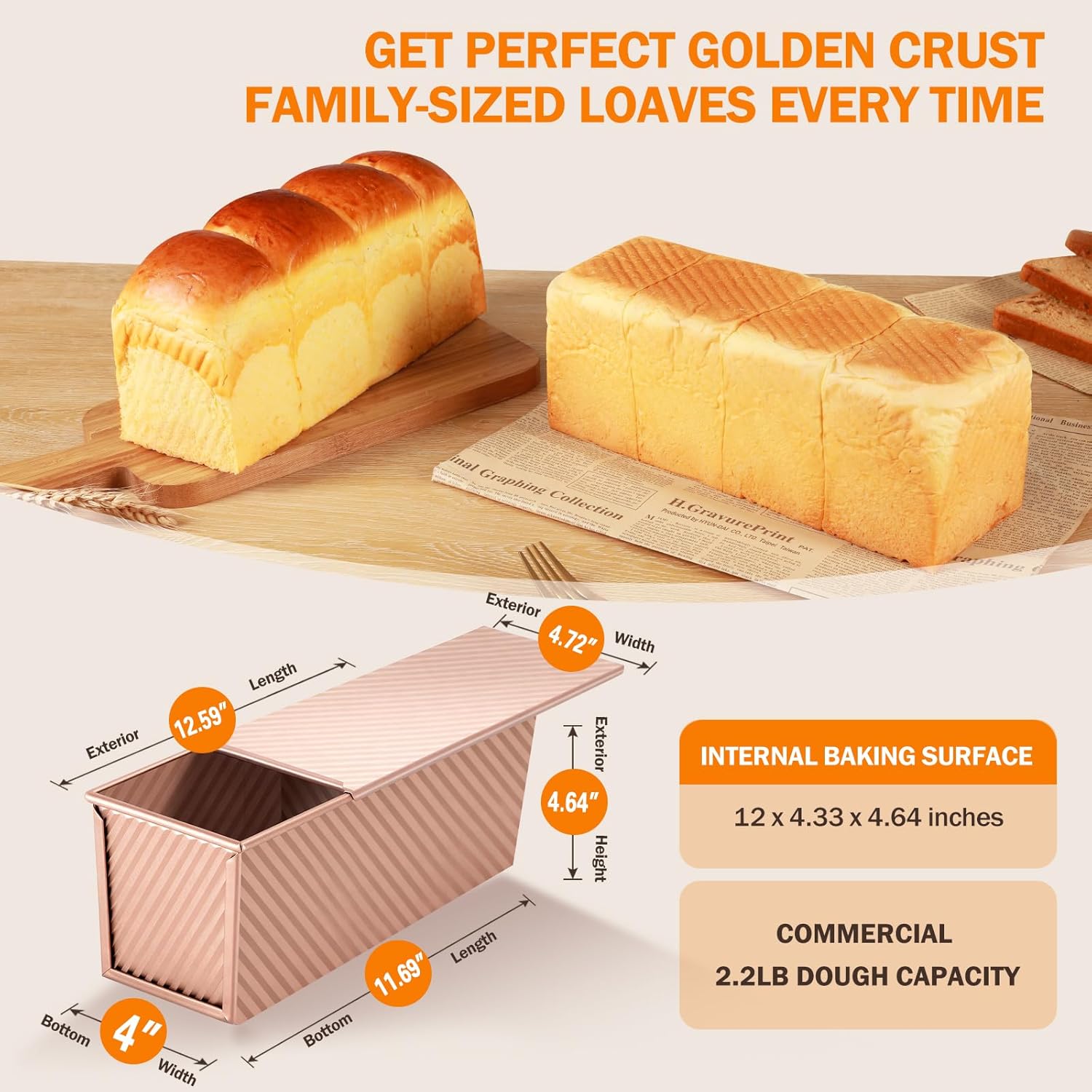 Pullman Loaf Pan with Lid, 13x4 inch, Premium 2.2LB Nonstick Sandwich Bread Loaf Pan for Homemade Sourdough Bread, Heavy Duty Carbon Steel Corrugated Toast Box with Cover for Baking, Bakeware Secondary image