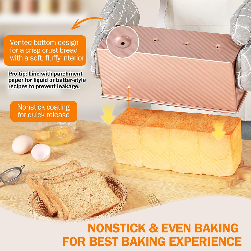 Pullman Loaf Pan with Lid, 13x4 inch, Premium 2.2LB Nonstick Sandwich Bread Loaf Pan for Homemade Sourdough Bread, Heavy Duty Carbon Steel Corrugated Toast Box with Cover for Baking, Bakeware