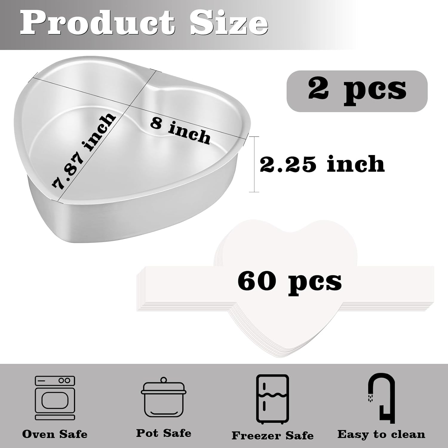8 Inch Heart Cake Pan, Set of 2 Heart Shaped Cake Pans with 60 Pieces Parchment Paper, Non-stick Cake Baking Pans for Kitchen Birthday Wedding
