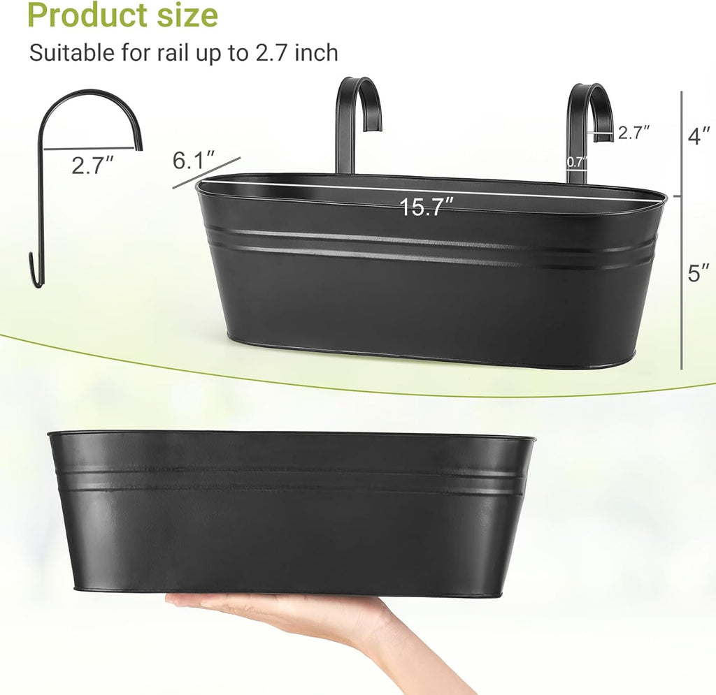 3 Pcs Metal Hanging Flower Pots for Railing Fence Outdoor Planter 15.7 Inch Hanging Bucket Pots Countryside Window Flower Plant Holder with Detachable Hooks for Garden Yard Home Decor,Black
