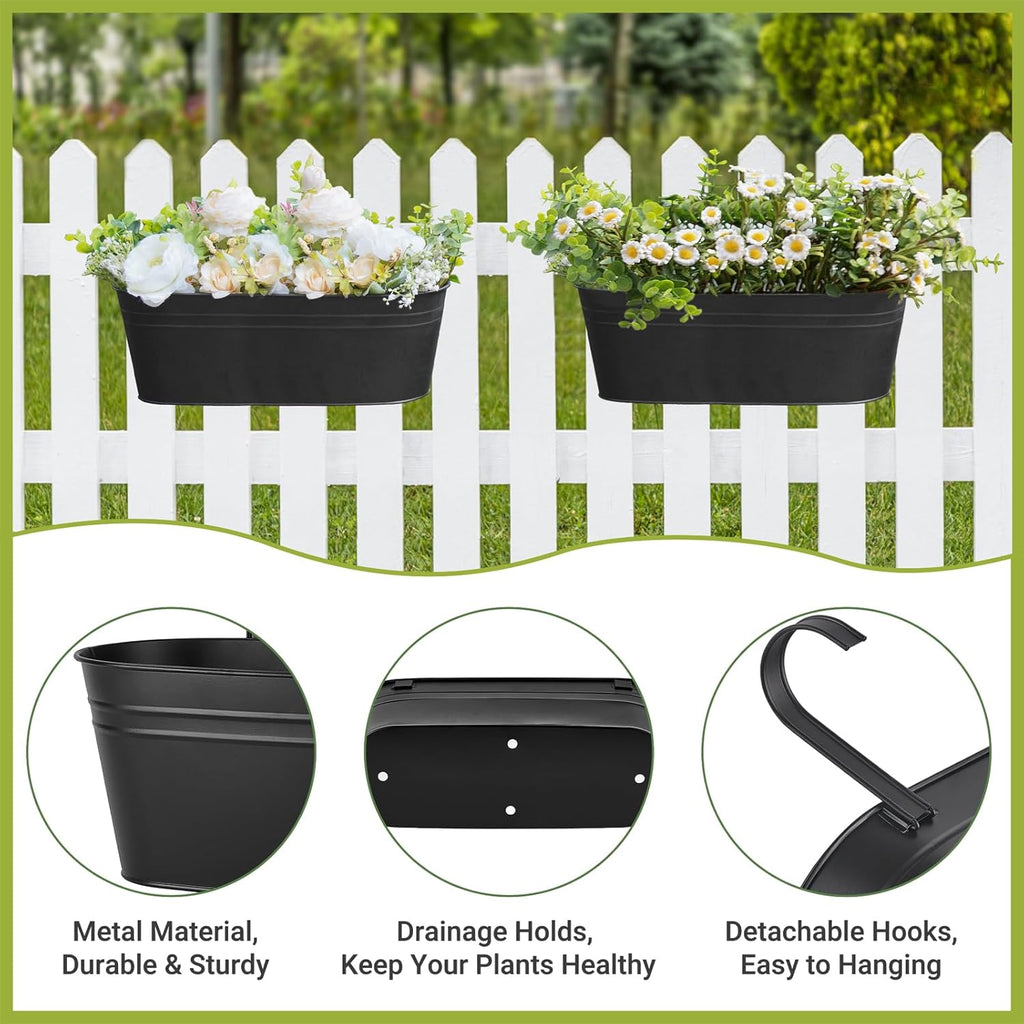 3 Pcs Metal Hanging Flower Pots for Railing Fence Outdoor Planter 15.7 Inch Hanging Bucket Pots Countryside Window Flower Plant Holder with Detachable Hooks for Garden Yard Home Decor,Black