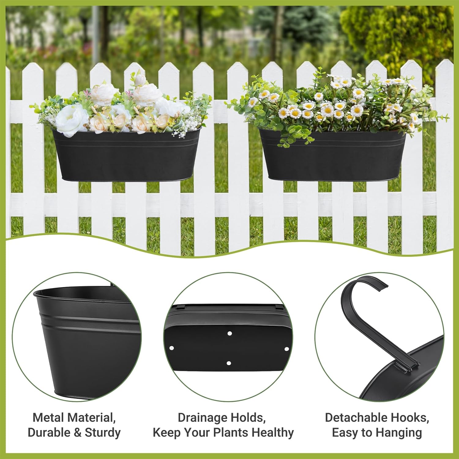 3 Pcs Metal Hanging Flower Pots for Railing Fence Outdoor Planter 15.7 Inch Hanging Bucket Pots Countryside Window Flower Plant Holder with Detachable Hooks for Garden Yard Home Decor,Black