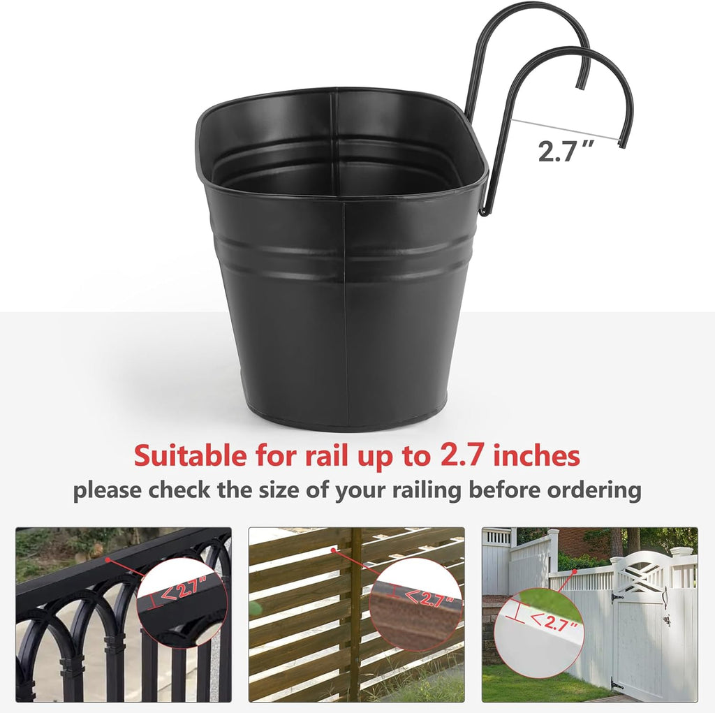 3 Pcs Metal Hanging Flower Pots for Railing Fence Outdoor Planter 15.7 Inch Hanging Bucket Pots Countryside Window Flower Plant Holder with Detachable Hooks for Garden Yard Home Decor,Black